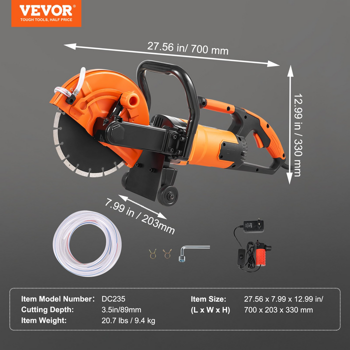 VEVOR Electric Concrete Saw, 9 in, 1800 W 15 A Motor Circular Saw Cutter with 3.5 in Cutting Depth, Wet/Dry Disk Saw Cutter Includes Water Line, Pump and Blade, for Stone, Brick