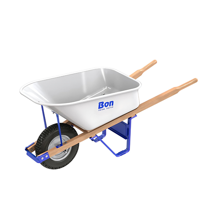 Bon Tool TRADE TOUGH™ STEEL TRAY WHEEL BARROW- SINGLE KNOBBY TIRE - WOOD HANDLE